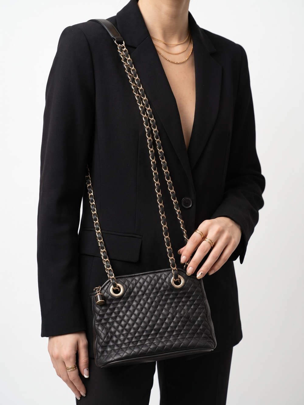 Vintage 90s Black Quilted Leather Chain Shoulder / Crossbody Bag